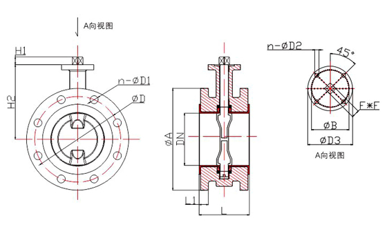 PTFE kaplı çift flensli başsız kelebek valfi DN40 ila DN600